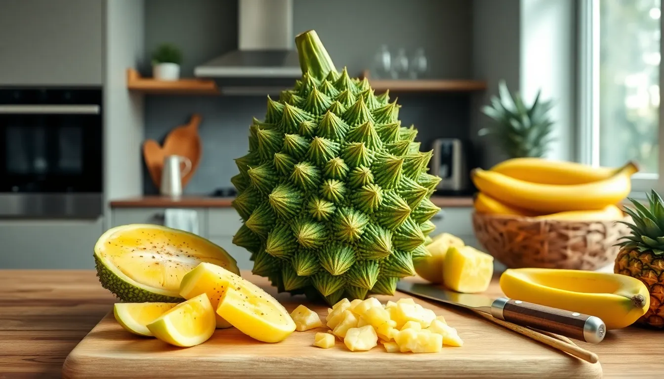 A jackfruit displayed in a modern kitchen setting.