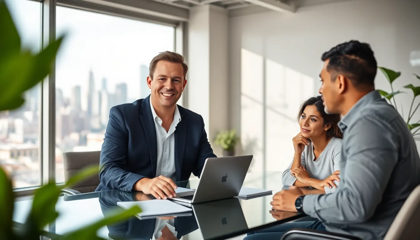 Timothy discussing real estate with a couple in a modern office.