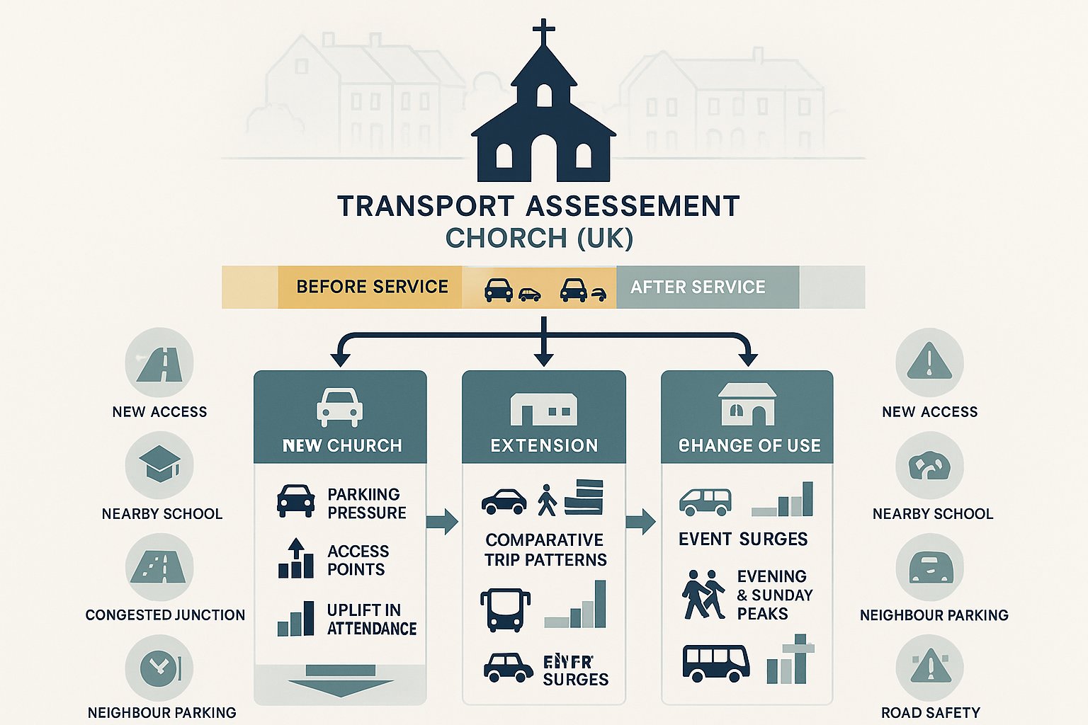 Infographic of church transport planning issues, peak arrivals, triggers, and scheme types.