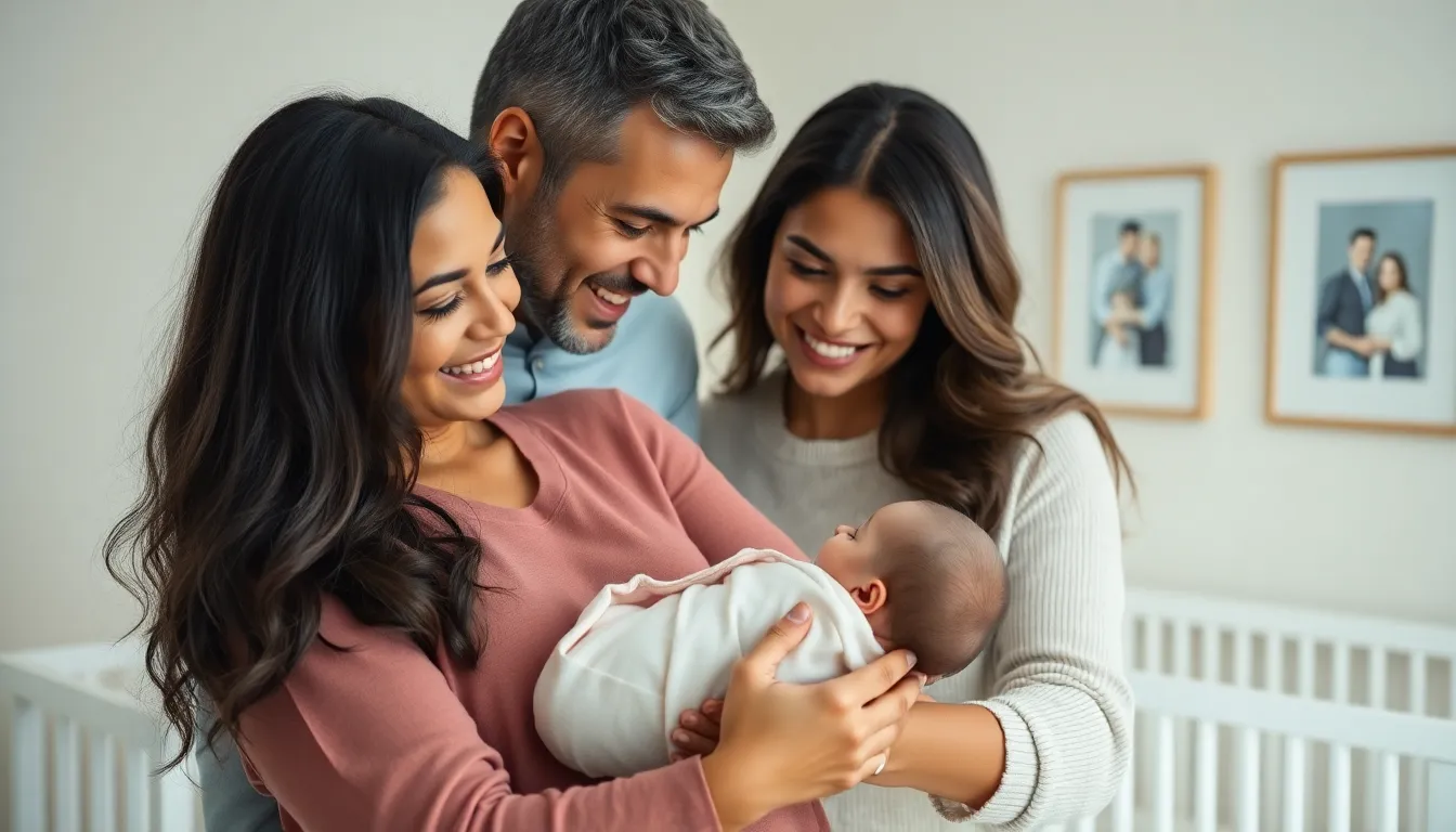 new parents admiring their newborn with bright blue-gray eyes.