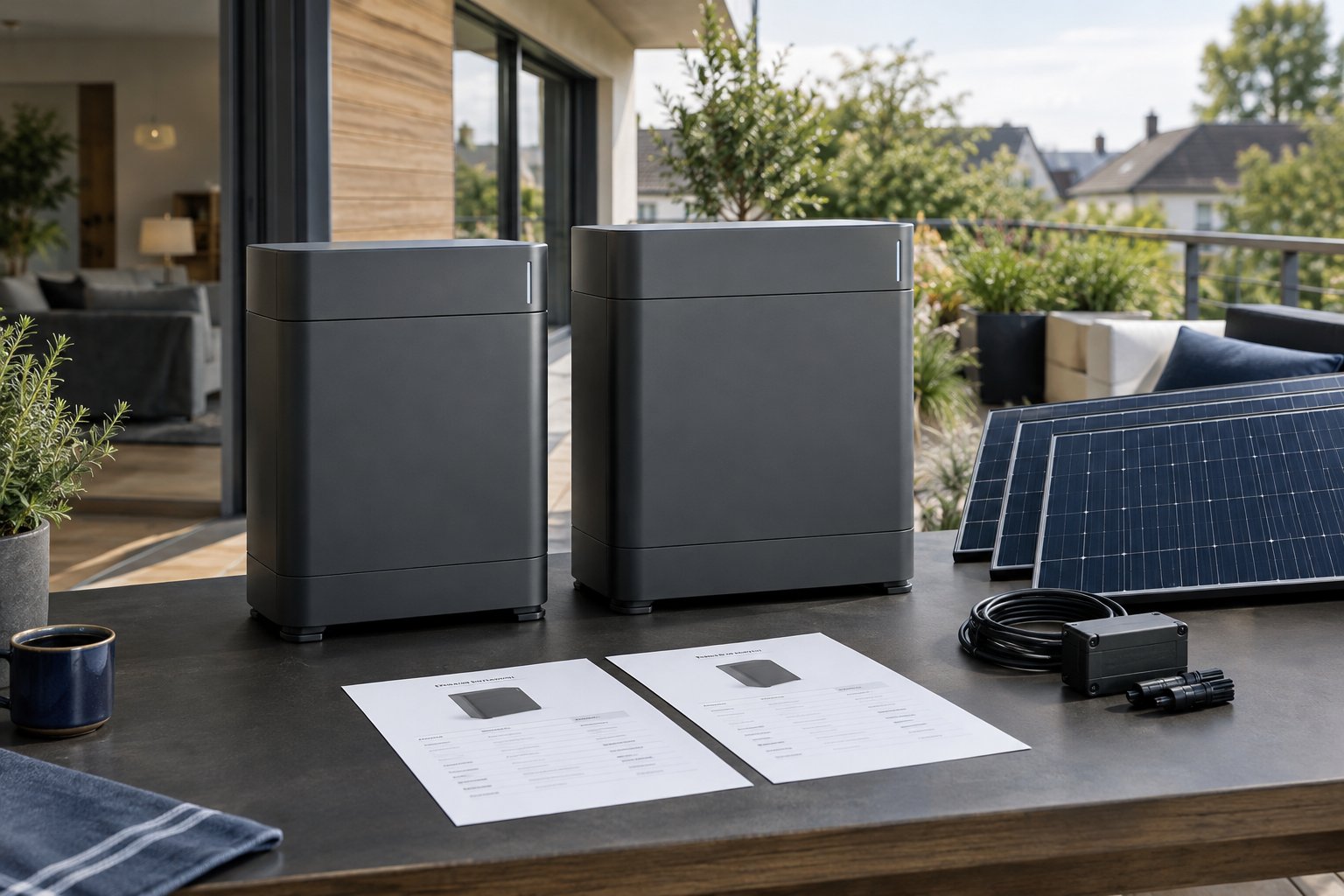 Zwei neutrale Solarspeichersysteme auf einer Terrasse für einen Modellvergleich
