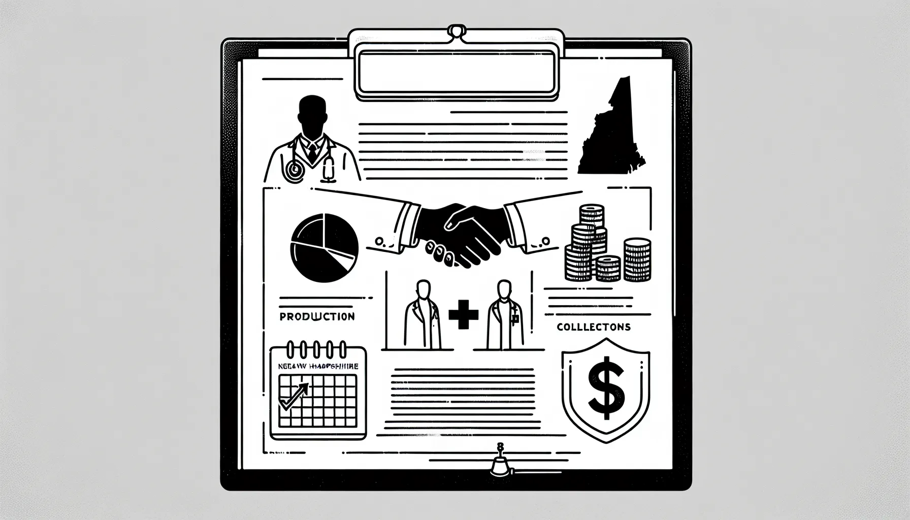 Veterinarian reviewing contract with charts, calendar, shield, and handshake icons.
