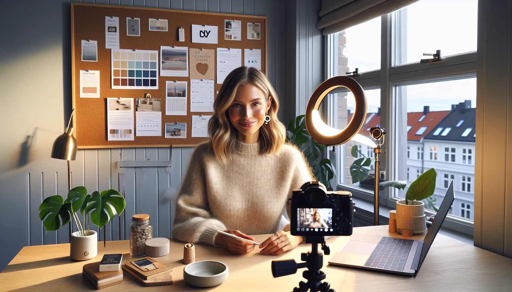Norwegian content creator filming and engaging followers in a bright home studio.