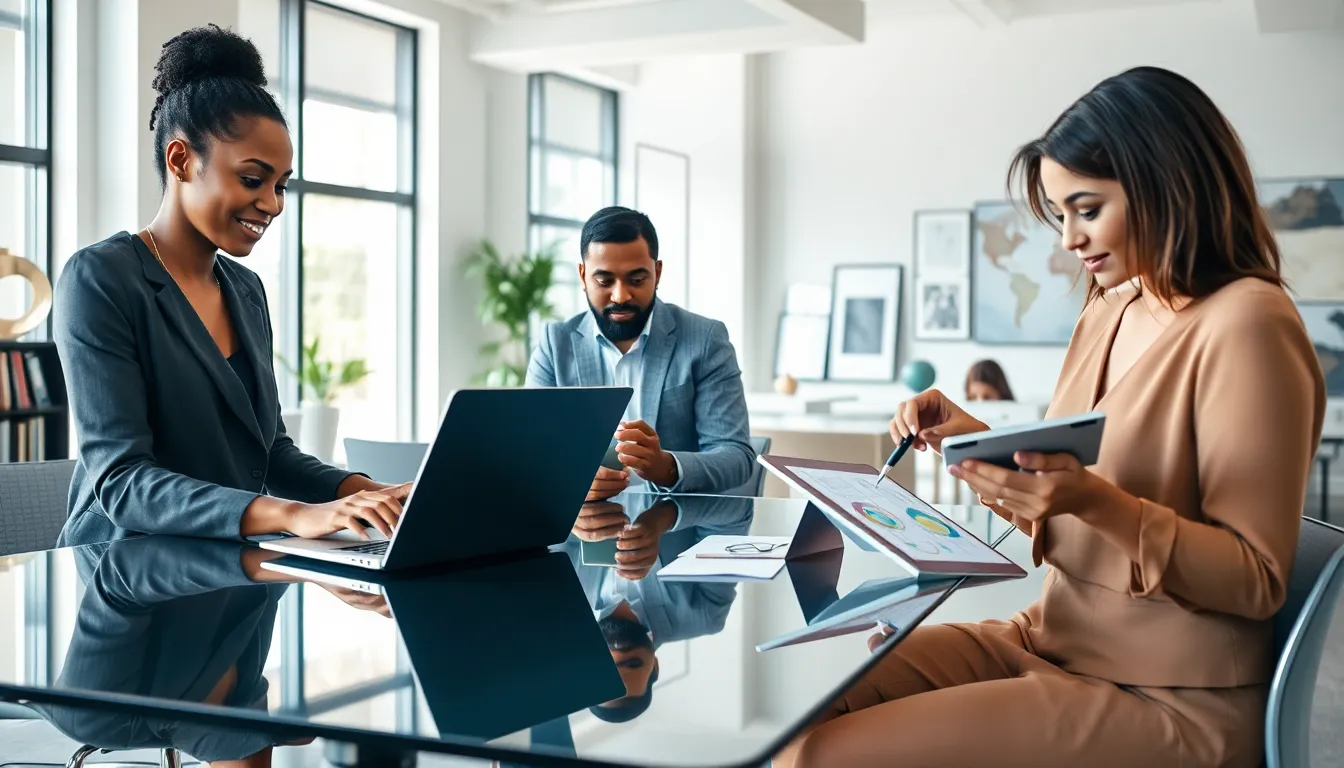 diverse team collaborating in a modern media office.