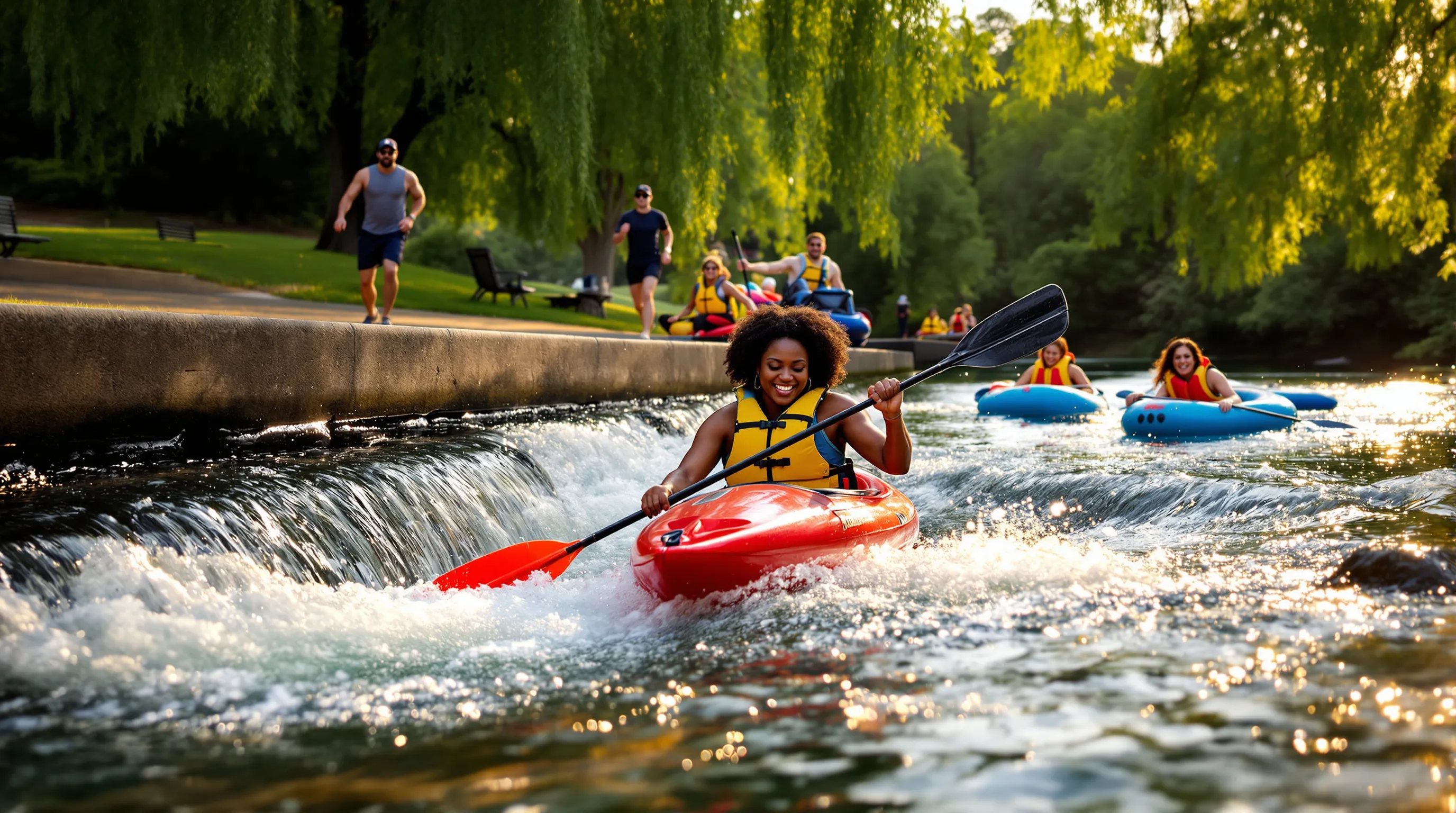 Kayaker rides Argo Cascades on the Huron River at golden hour.