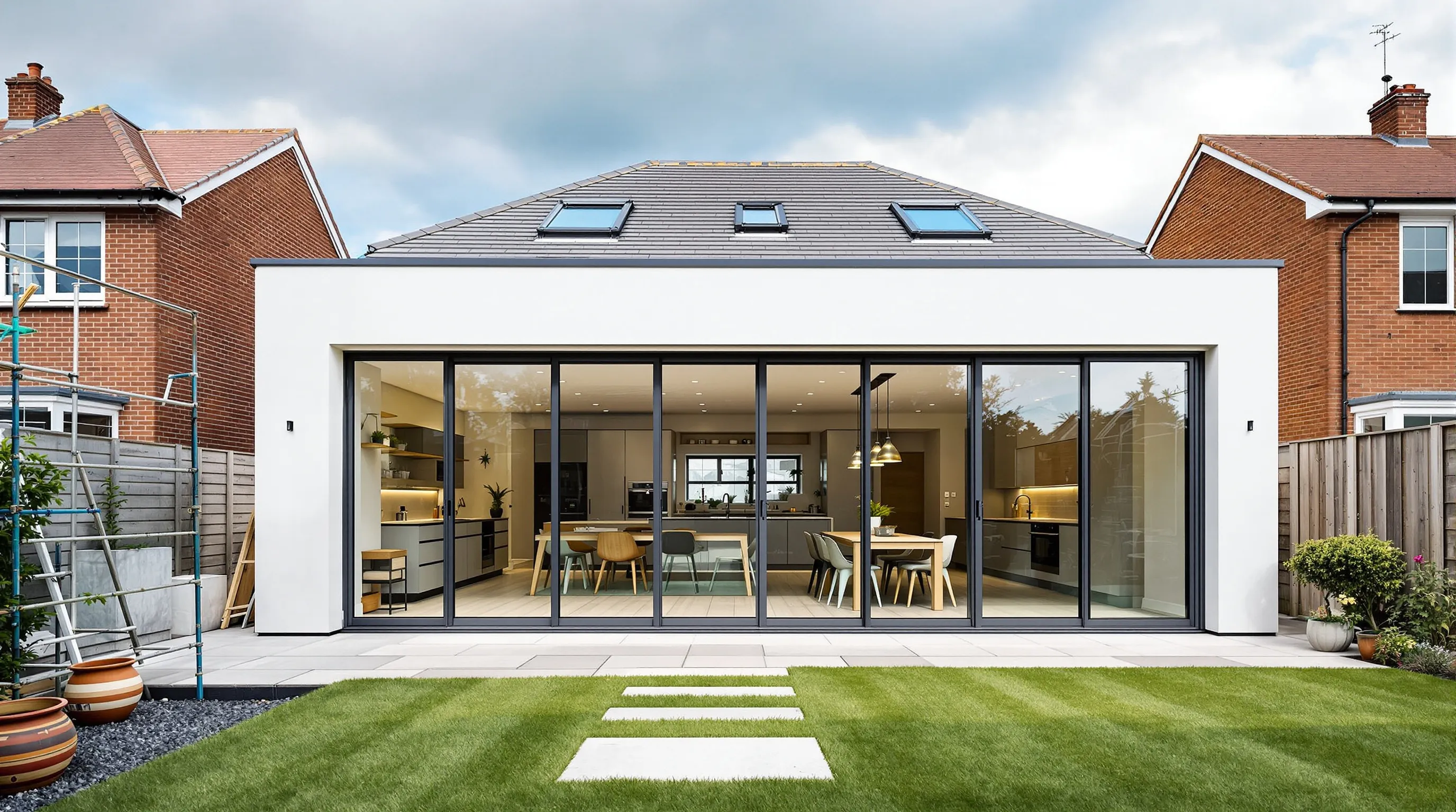 Modern UK home with new rear extension featuring glass doors opening to compact garden.