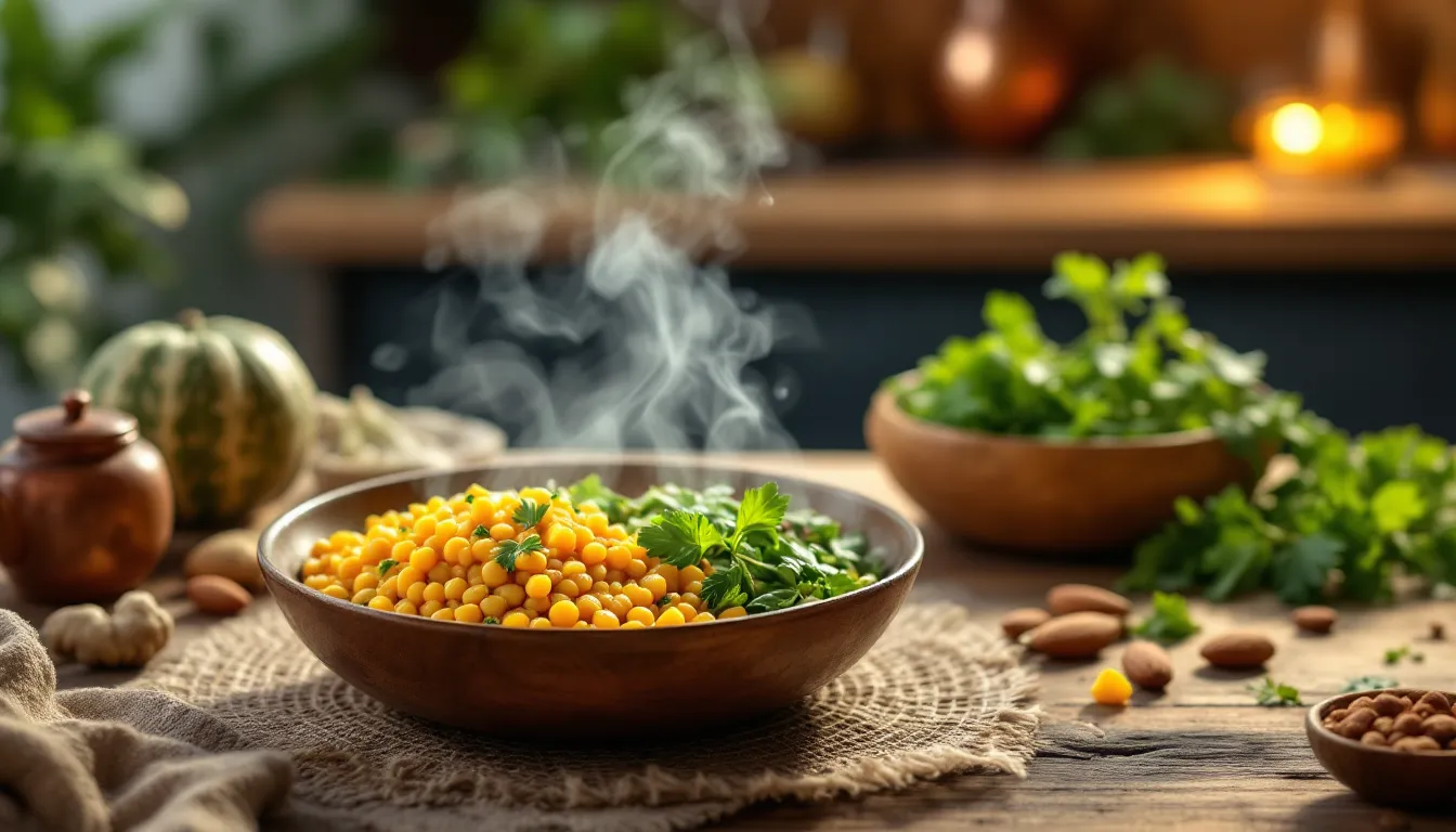 Warm Ayurvedic meal with mung dal, greens, and spices on a sunlit table.