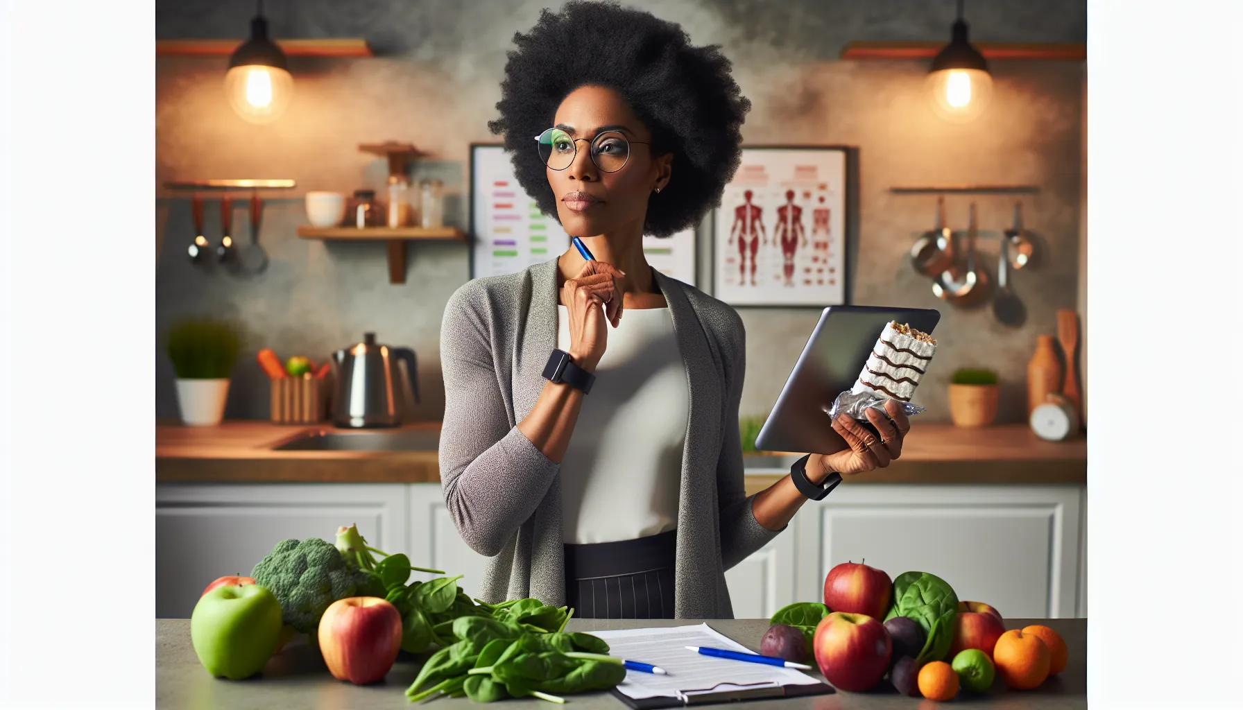 nutritionist comparing Pop-Tarts with fresh fruits in a modern kitchen.