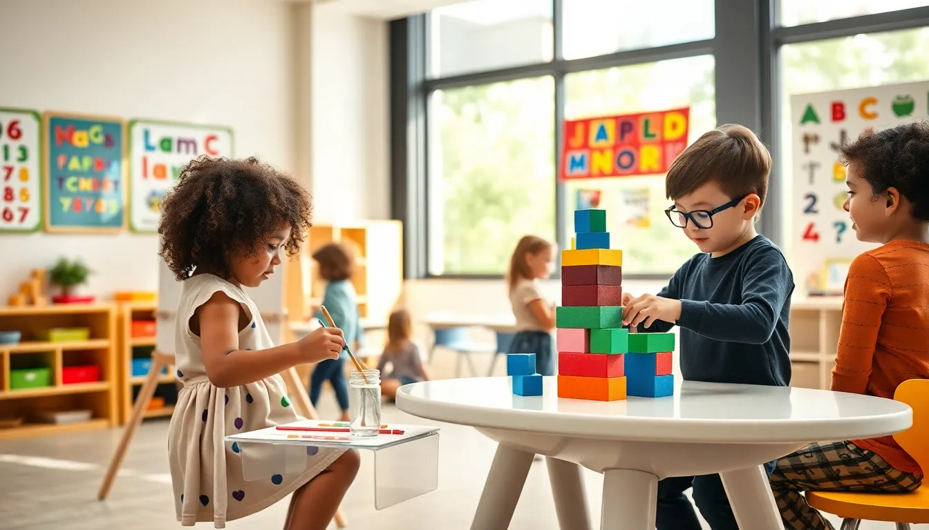 young children engaging in playful learning activities in a colorful classroom.