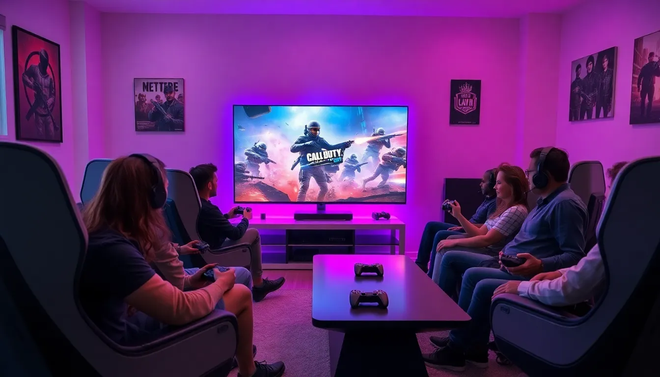 diverse group of gamers playing Call of Duty in a stylish living room.