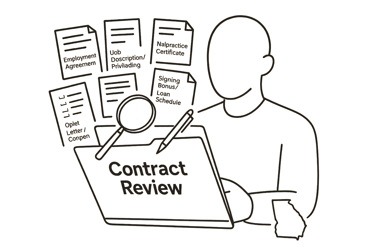 Person holding a folder labeled contract review with labeled document icons and magnifying glass of Georgia Physician Assistant Contract Review.