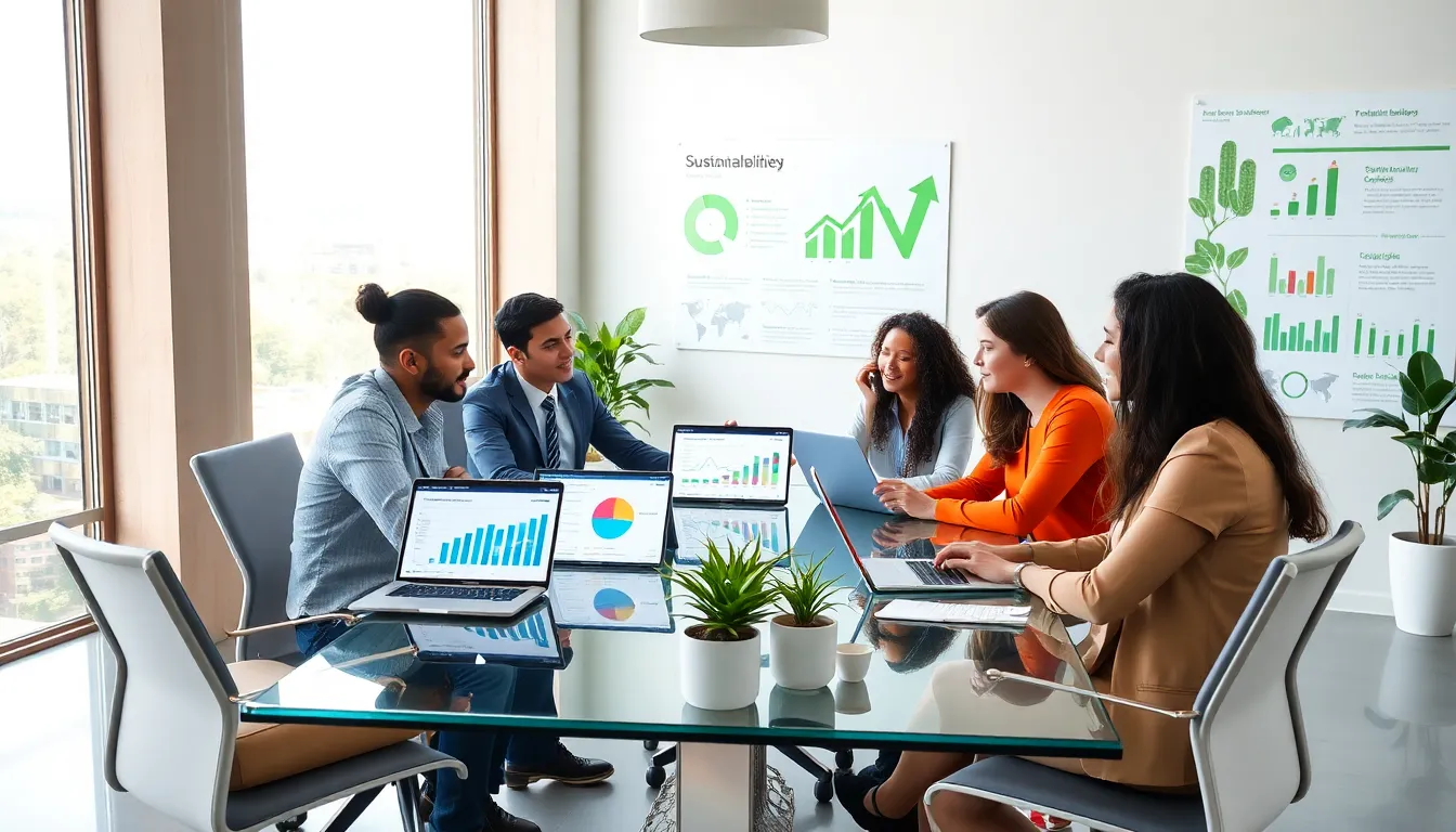 diverse team discussing corporate sustainability strategies in a modern office.