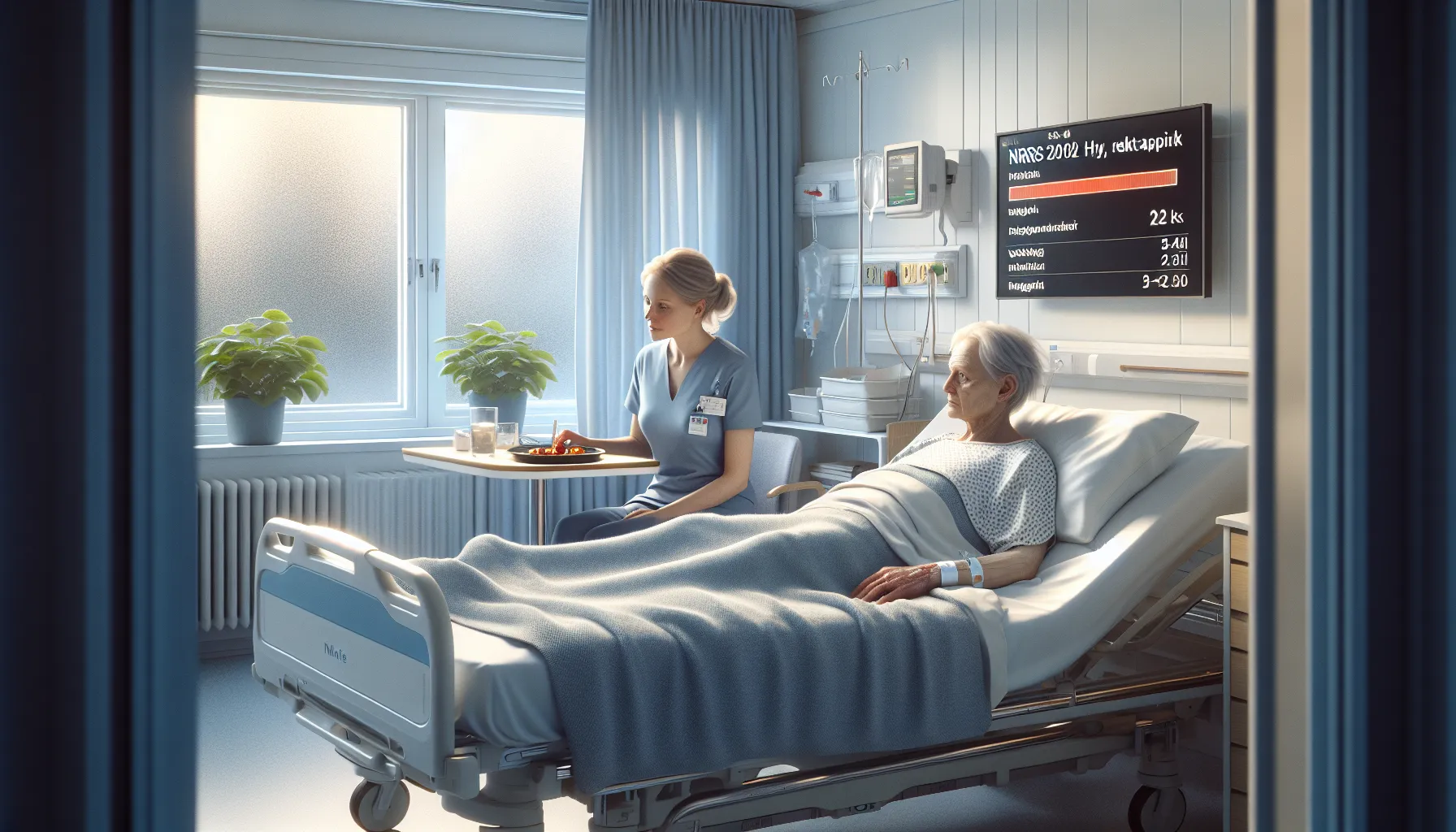 Elderly patient in norwegian hospital with untouched meal and high nutrition risk.