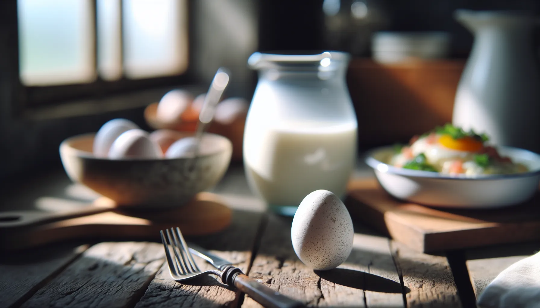 a fresh egg and a glass of milk on a kitchen countertop.