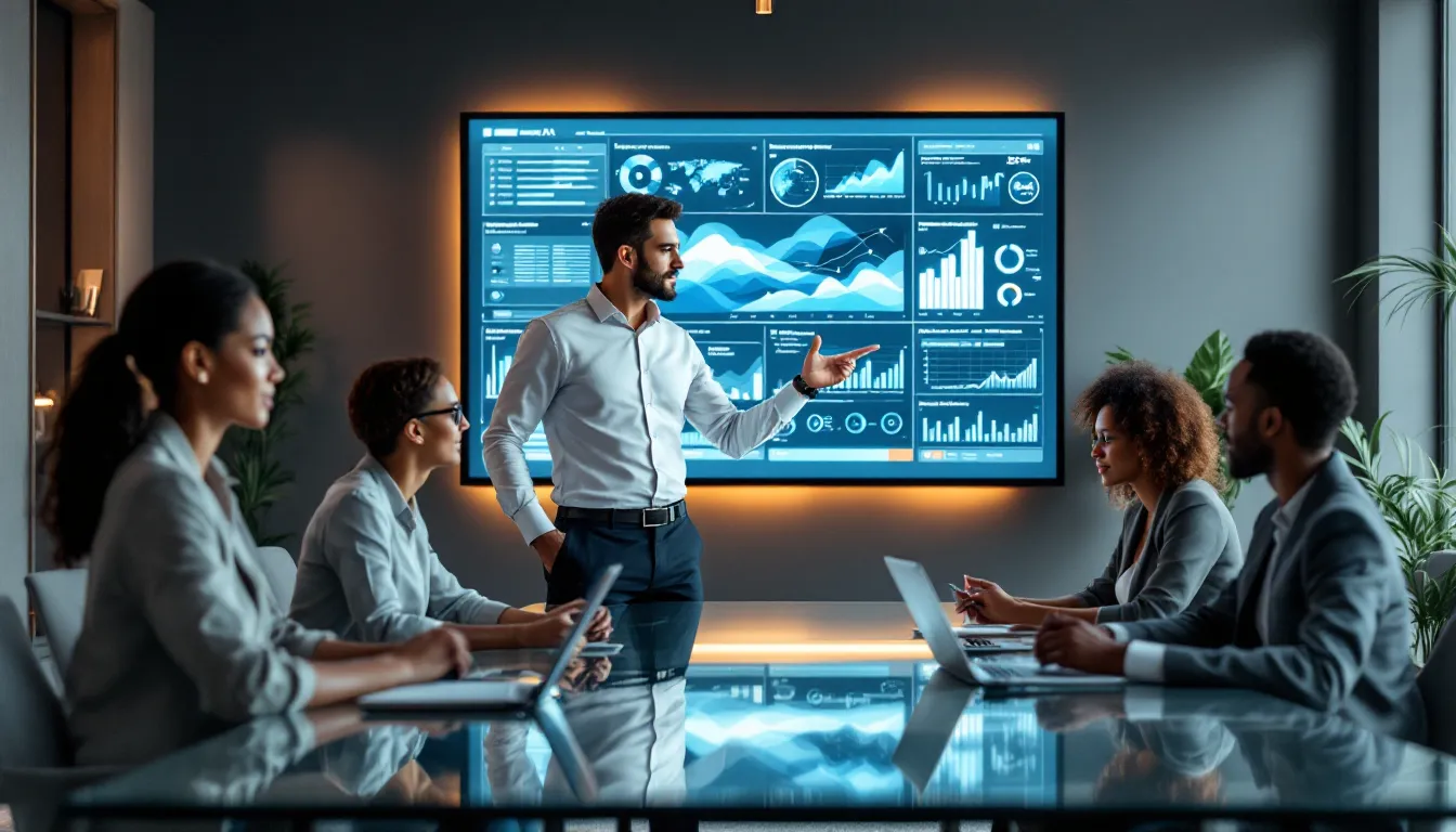 Diverse business team analyzing AI-powered customer data dashboard in modern office.