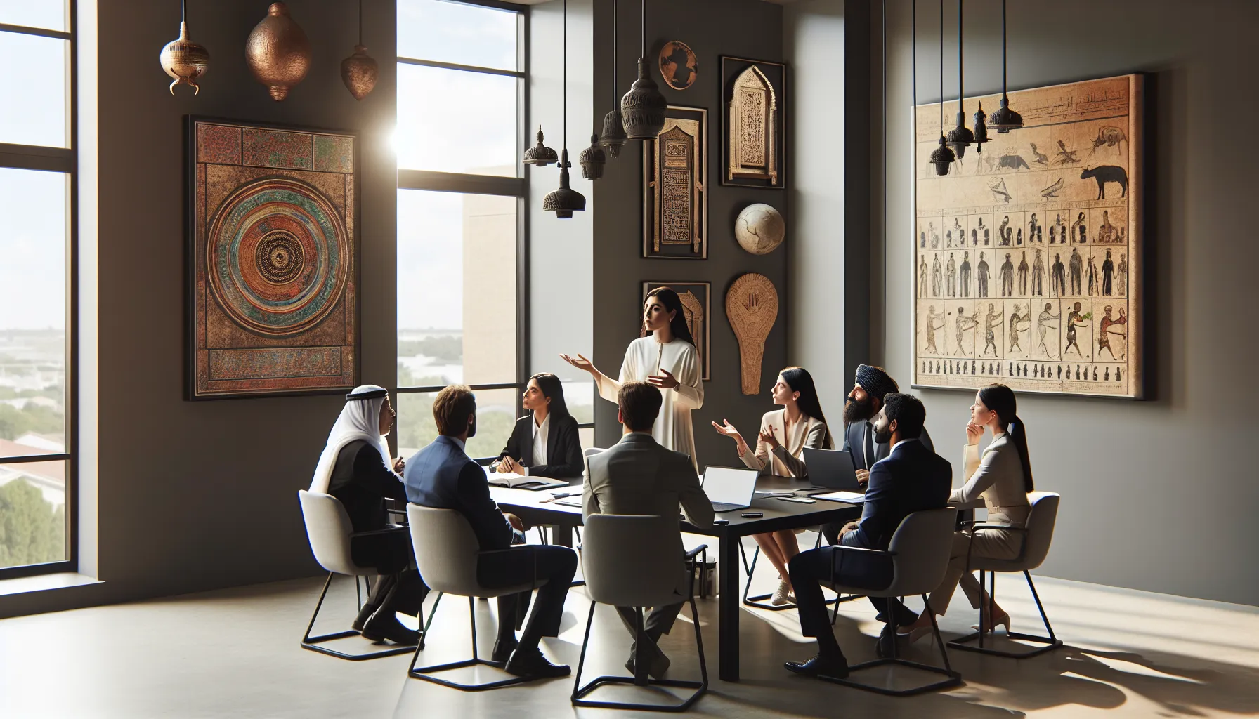 diverse professionals discussing İııııııııuııq in a modern office.