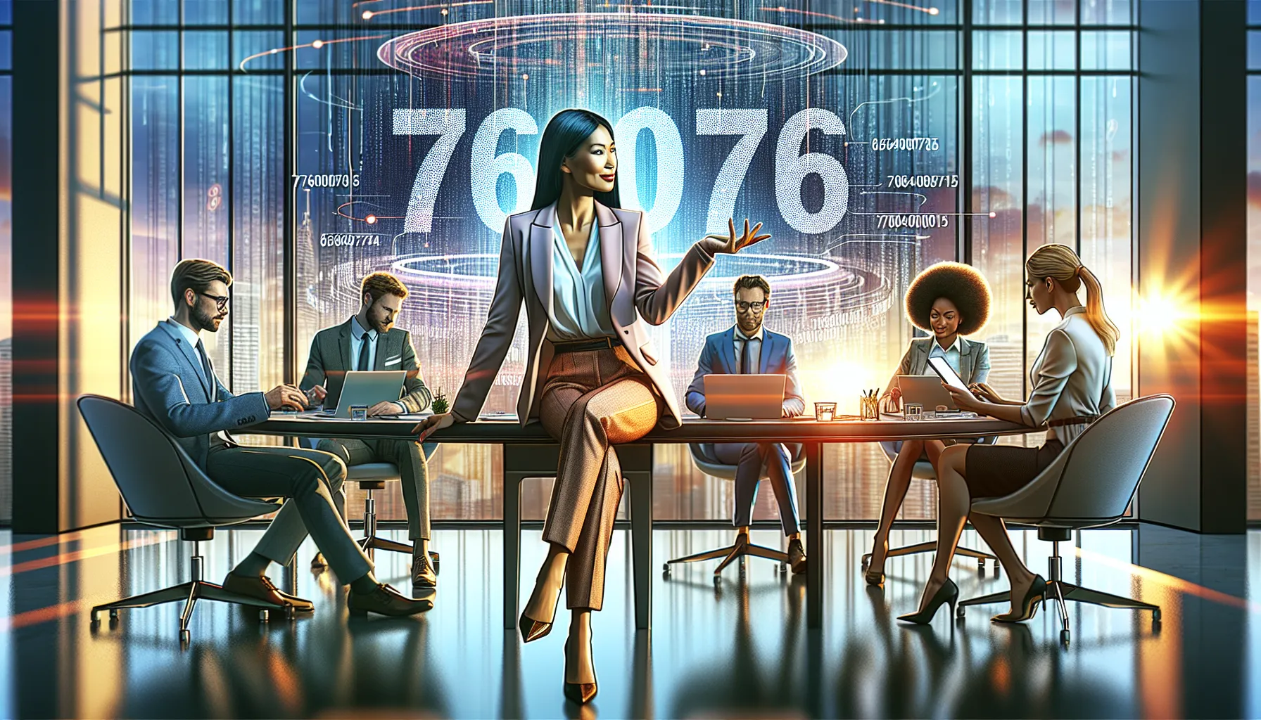 diverse team discussing the significance of the number 7604007075 in a modern office.
