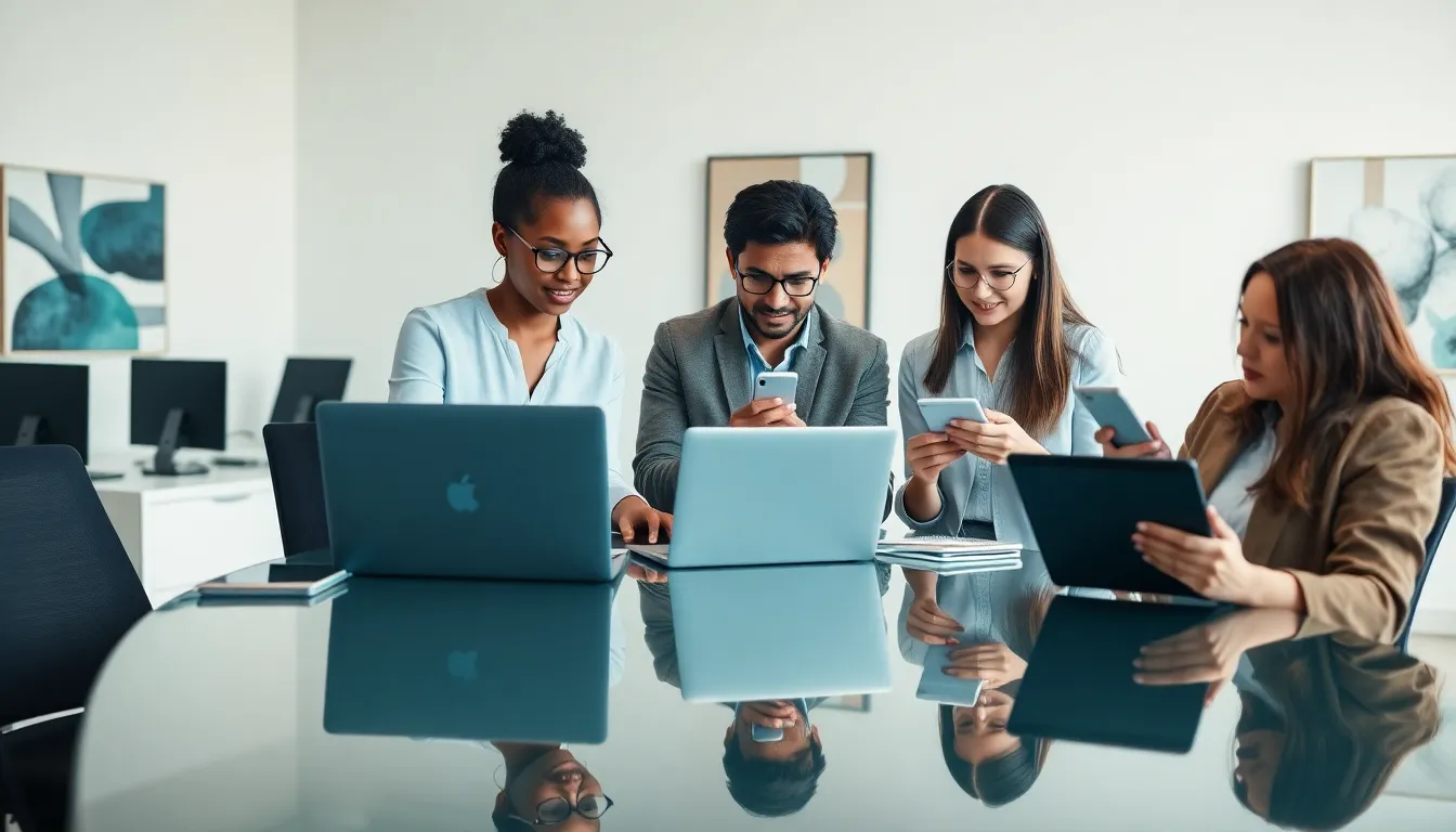 diverse professionals collaborating in a modern office with technology.