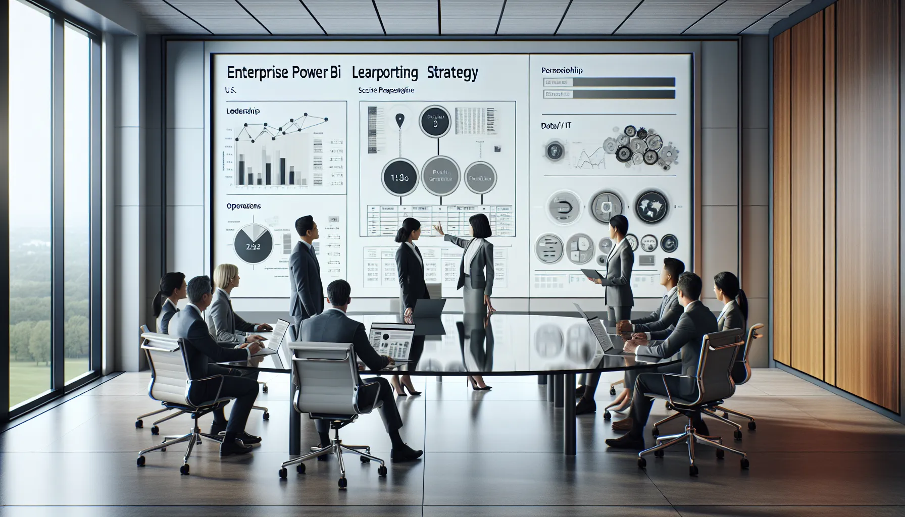 Diverse professionals plan enterprise Power BI reporting with dashboards and free learning resources.