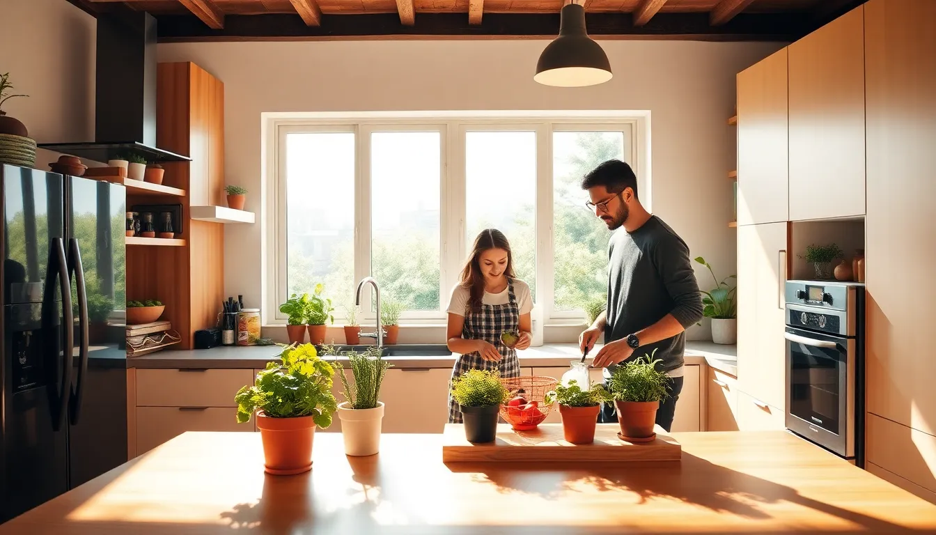 diverse family cooking in a sustainable kitchen.