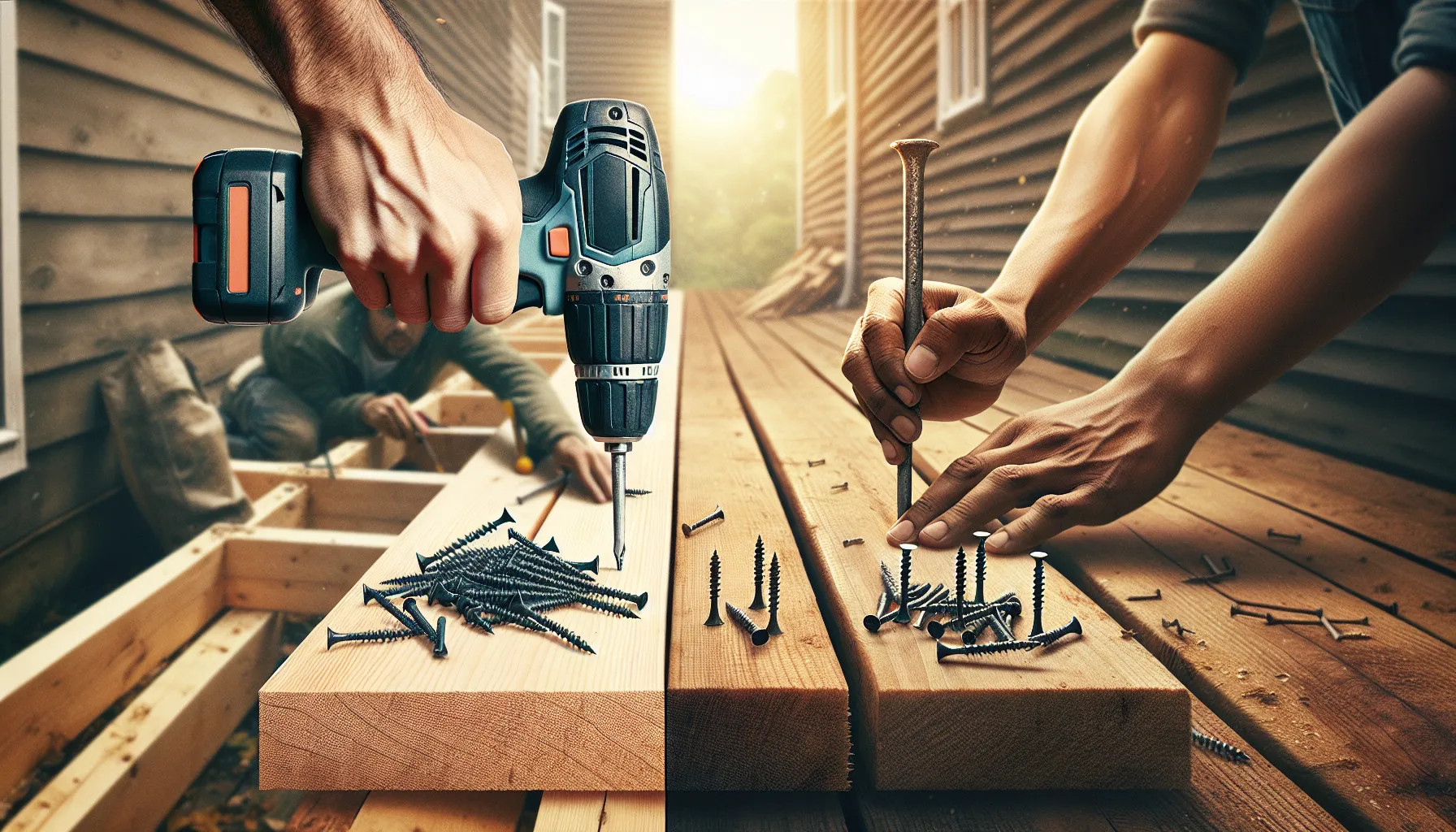 A comparison of screws and nails in a decking assembly process.