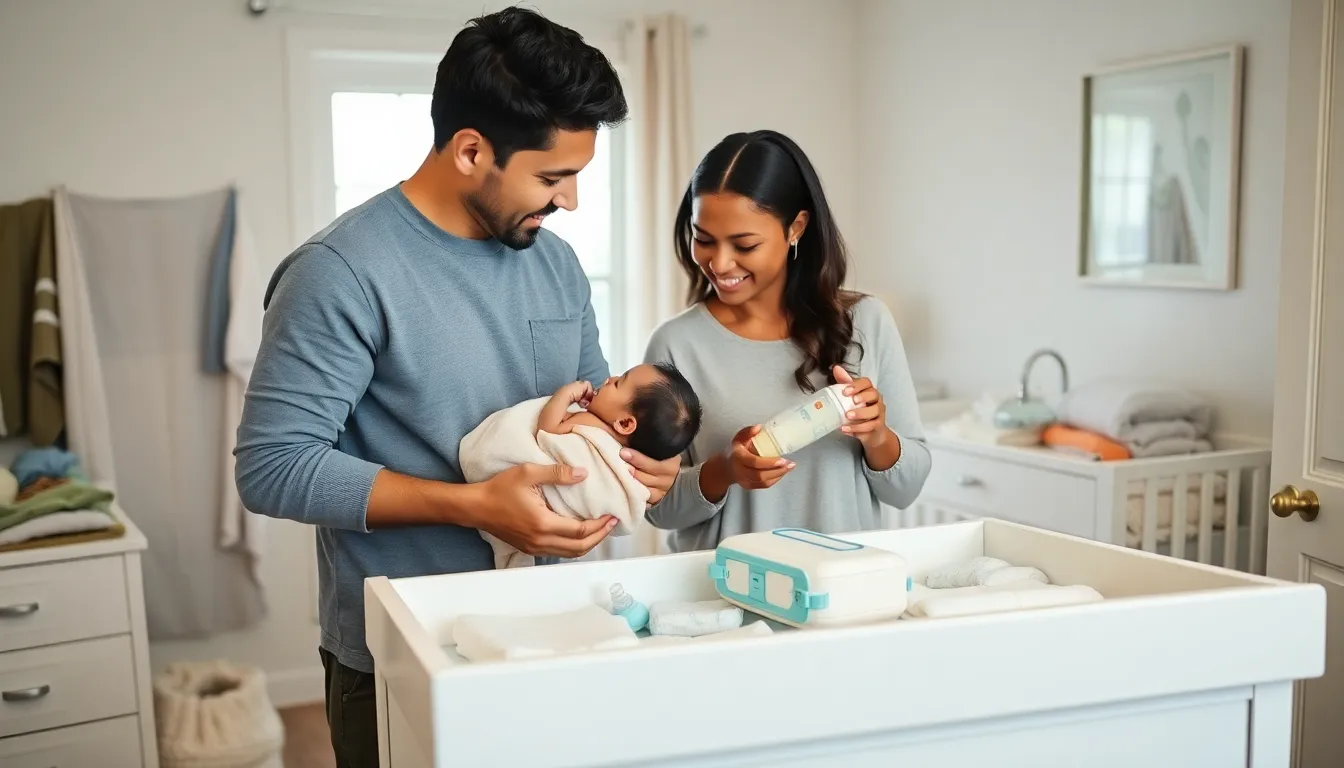 diverse parents caring for their newborn in a modern nursery.