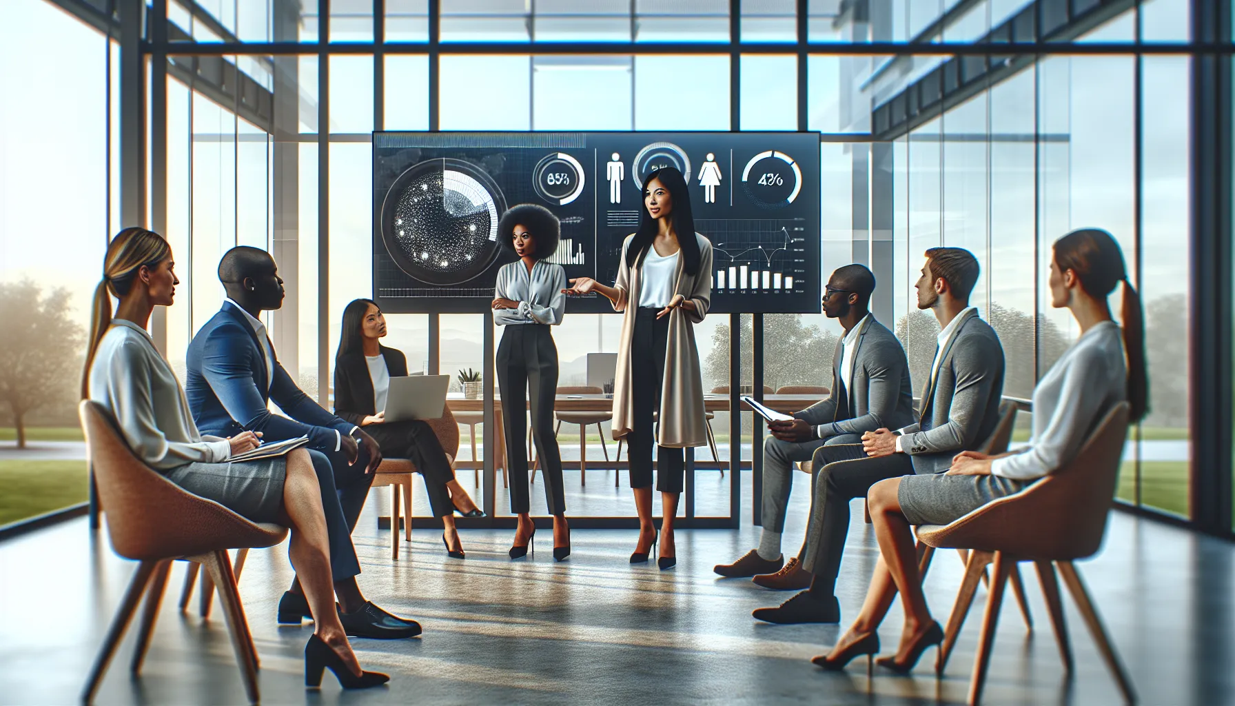 diverse professionals discussing data privacy in a modern office.