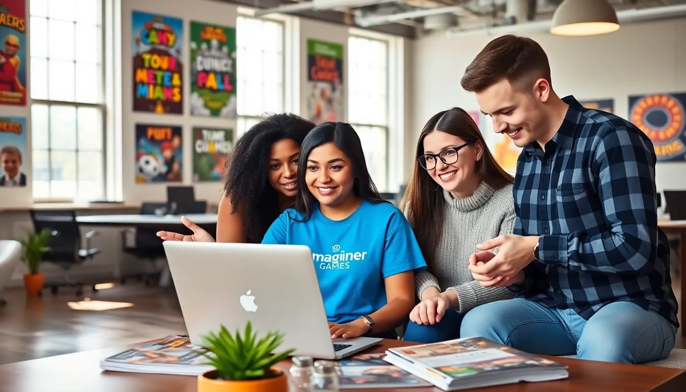 employees collaborating in a vibrant office of Imagineer Games.