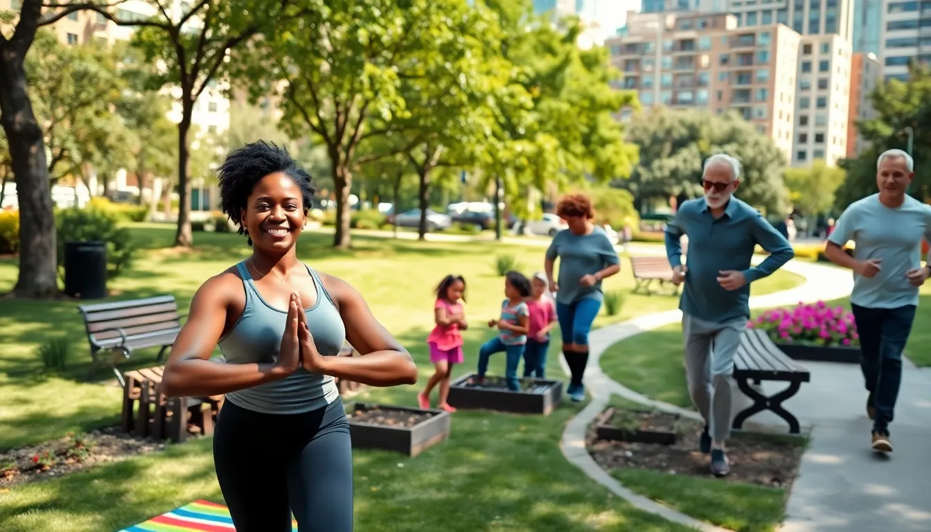 a diverse group engaging in wellness activities in an urban park.