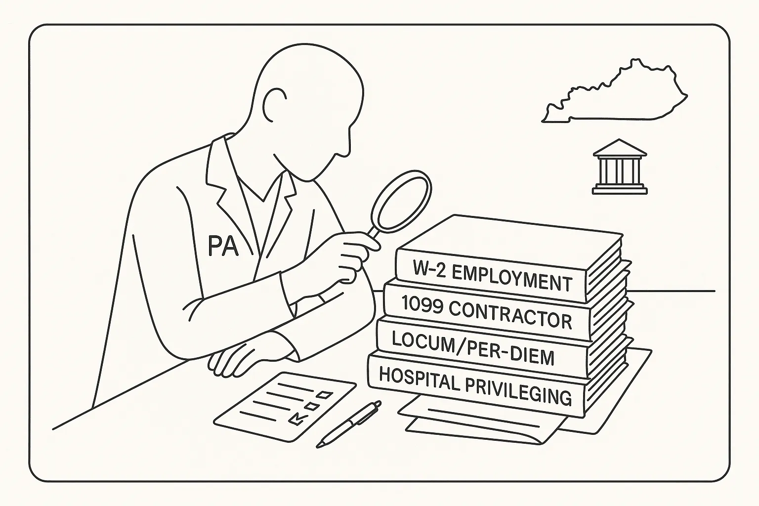 Physician assistant reviewing labeled contract folders with magnifying glass and Kentucky outline.