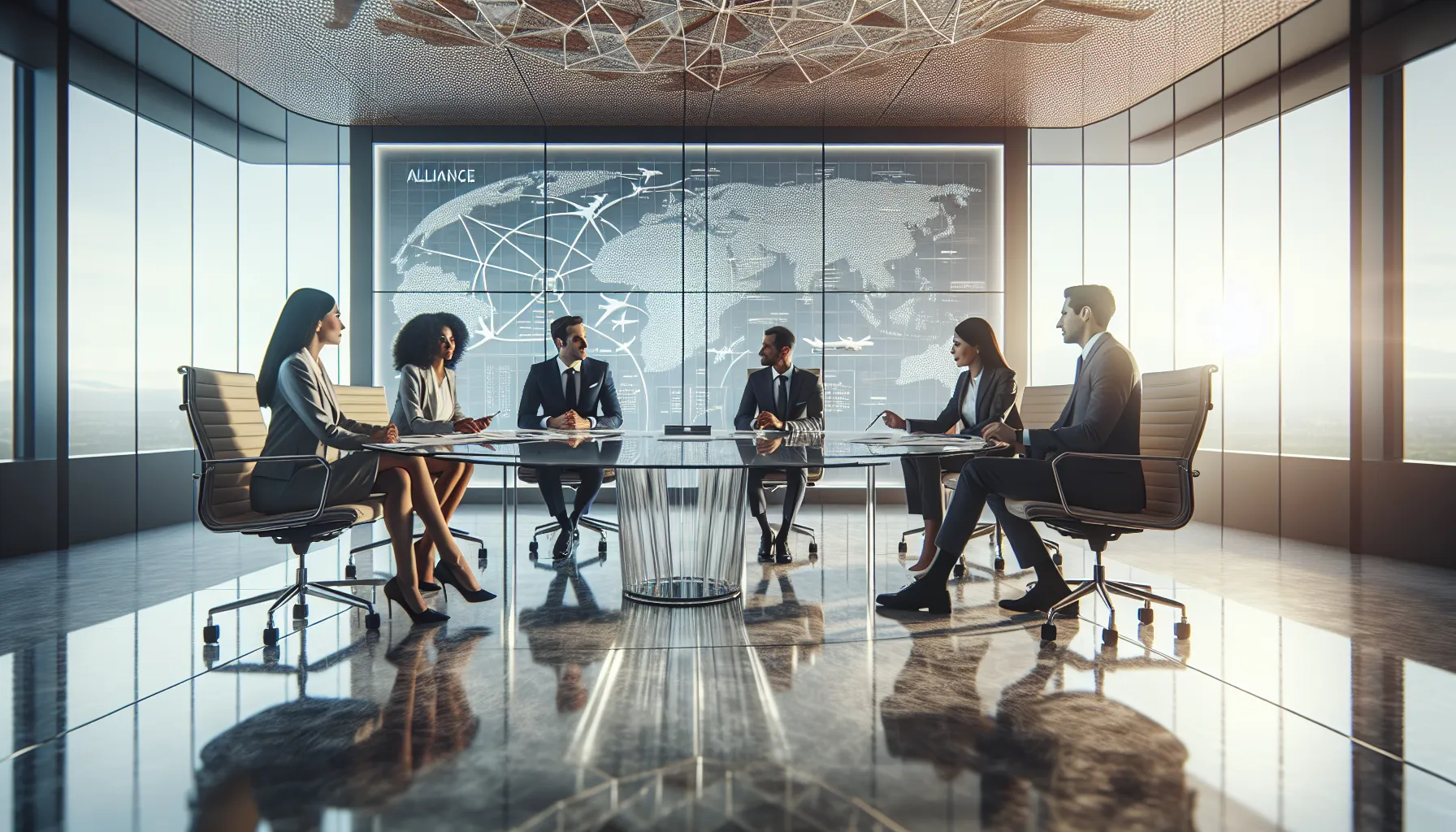 diverse professionals discussing the Oneworld Alliance in a modern office.