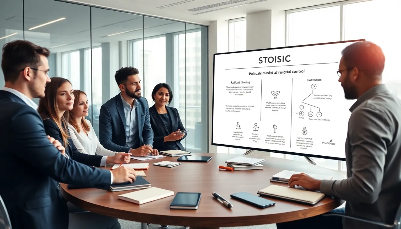 team discussing the stoic mindset in a modern office.