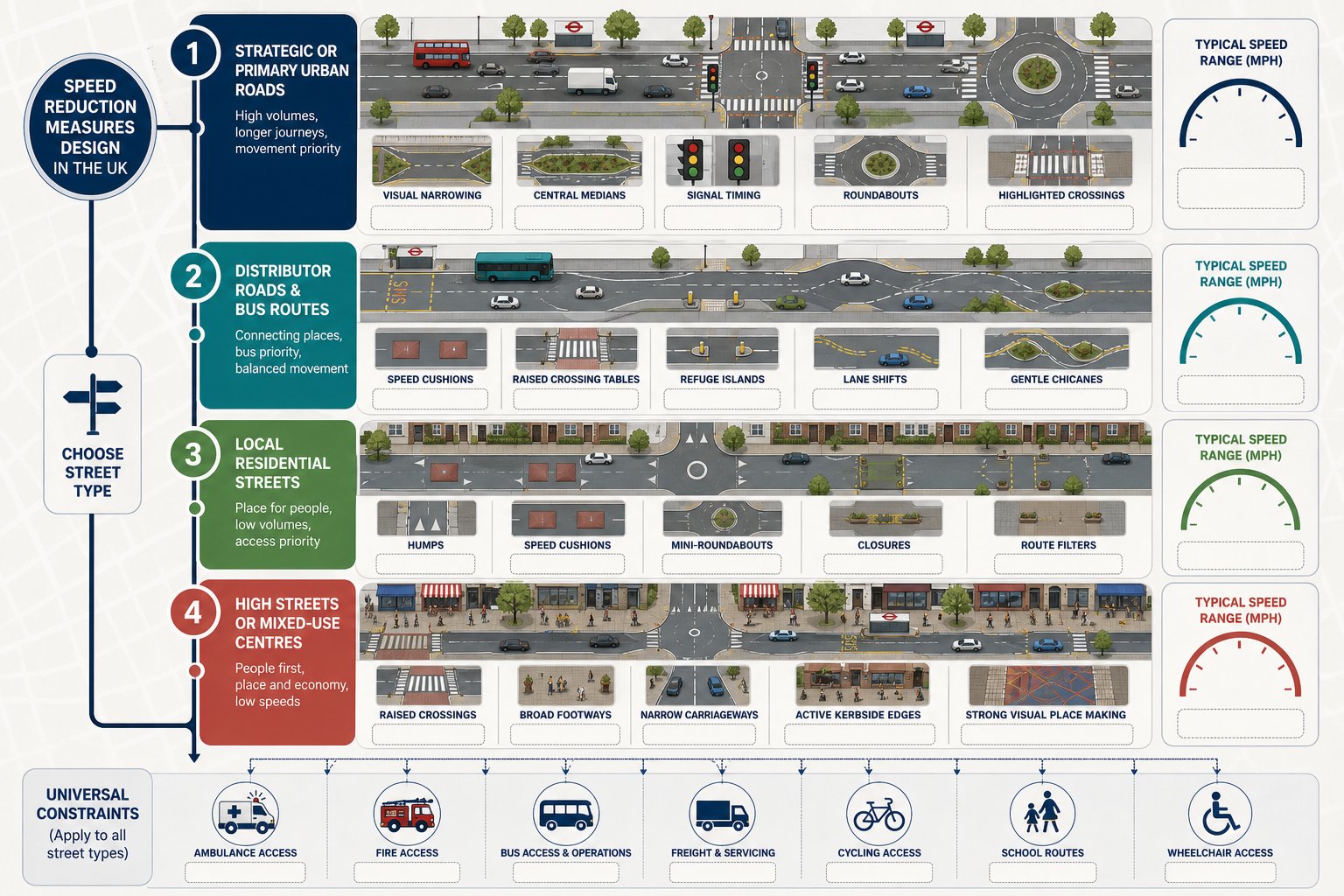 Infographic comparing traffic calming measures for different UK street types.