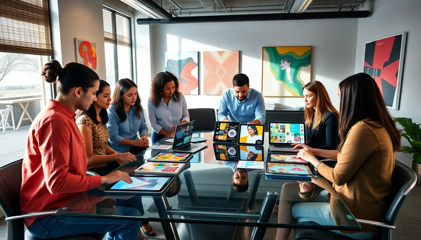 diverse team collaborating on digital art and storytelling concepts.