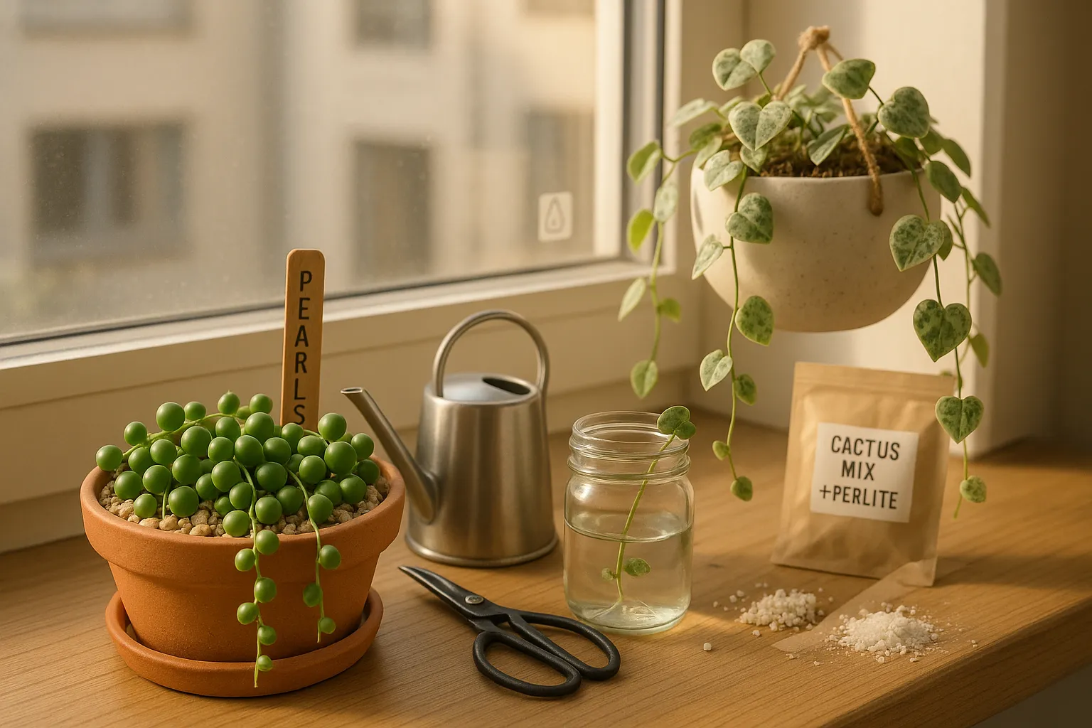 String of Pearls and String of Hearts on a sunny windowsill with propagation tools.