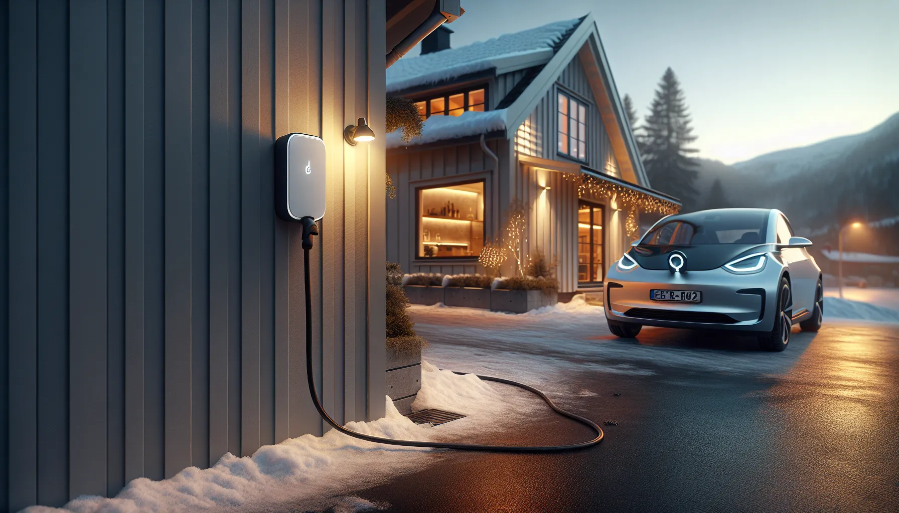 Hvordan lade elbilen din mest effektivt hjemme 3 Wall-mounted home ev charger with type 2 cable charging a car in norway.