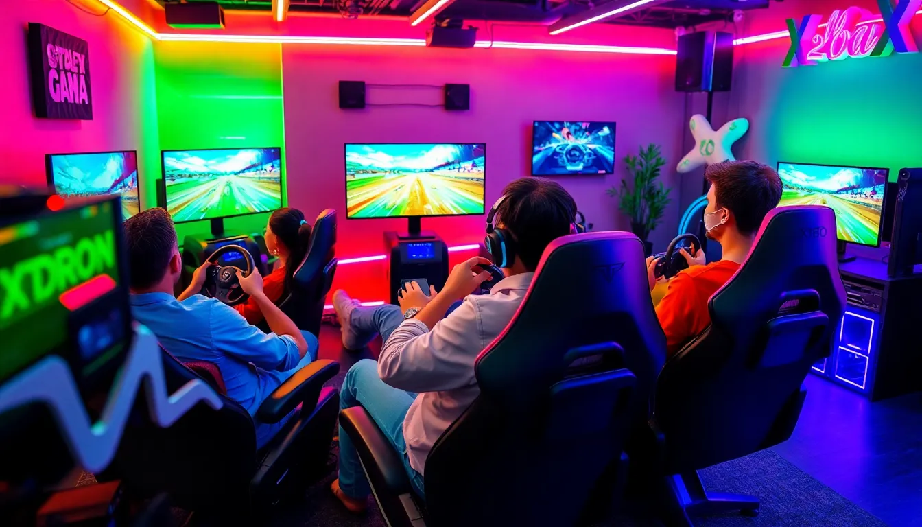 diverse gamers enjoying racing games on Xbox in a modern setting.