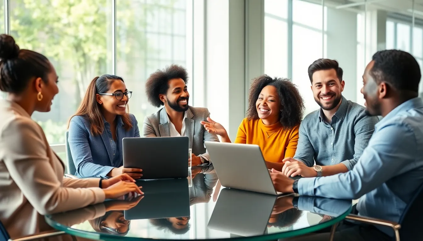 diverse team discussing mental health success stories in a modern office.
