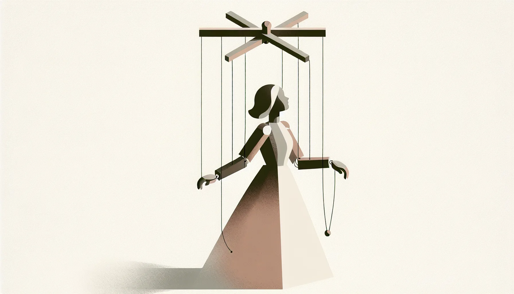 A wooden marionette doll with one severed string symbolizing freedom and independence