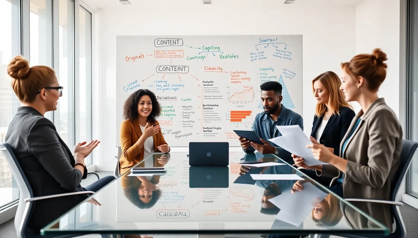 diverse team brainstorming captivating content in a modern office.
