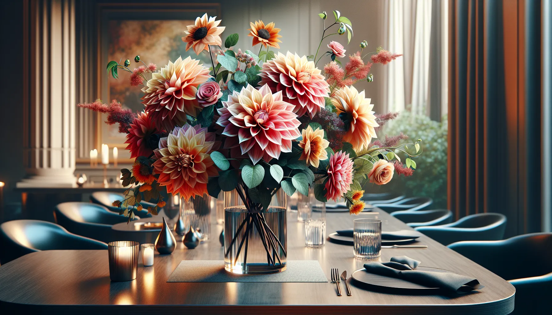 vibrant floral arrangement featuring DahliaSegreta in a modern setting.