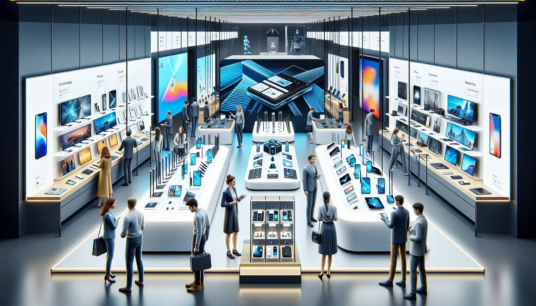 An electronics store showcasing Apple and Samsung products side by side.