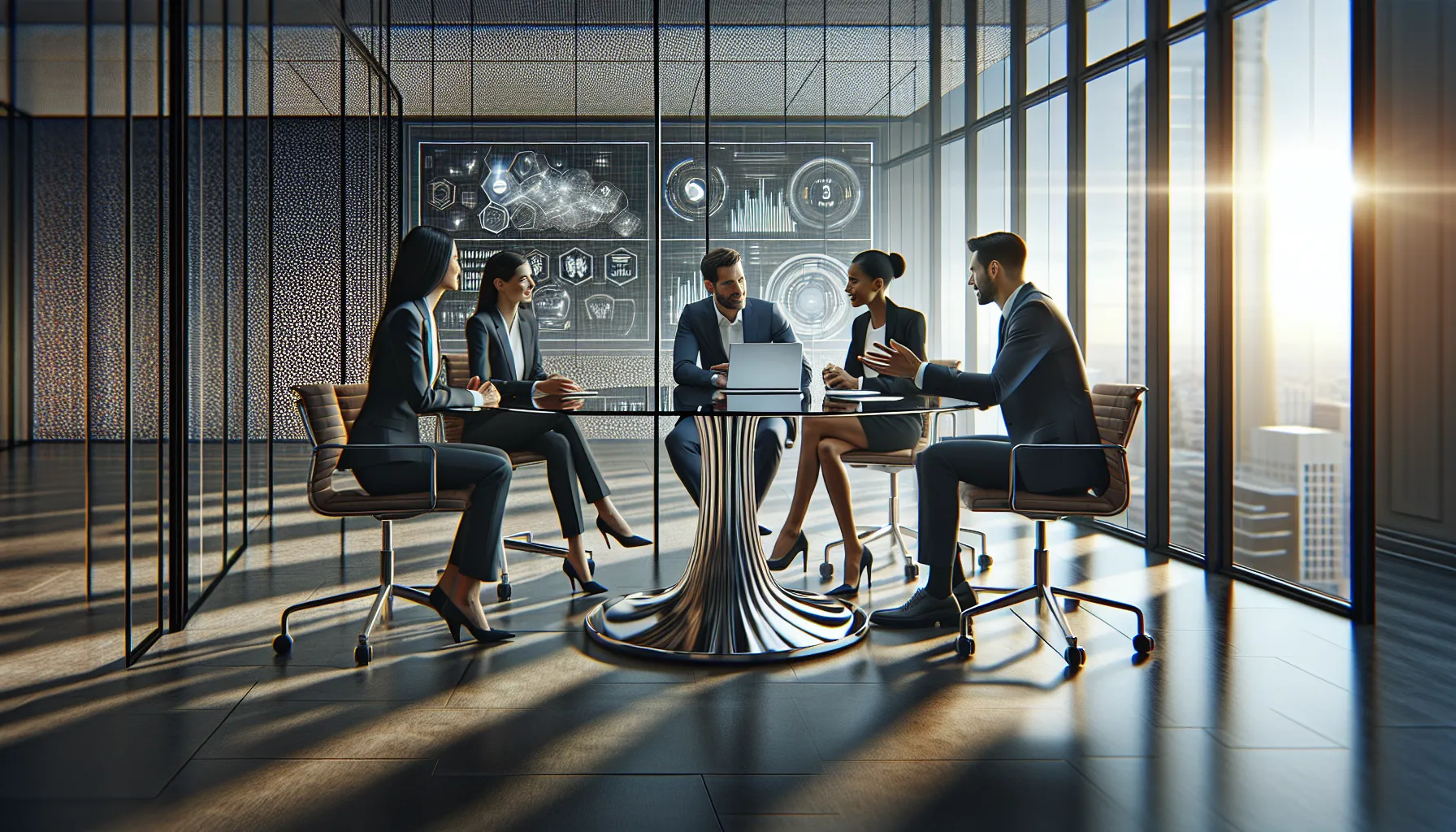 diverse team discussing data in a modern office setting.