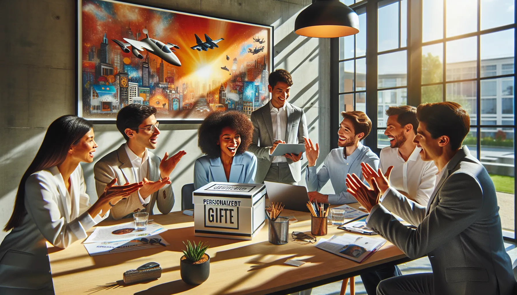 team brainstorming personalized gift ideas in a modern office.