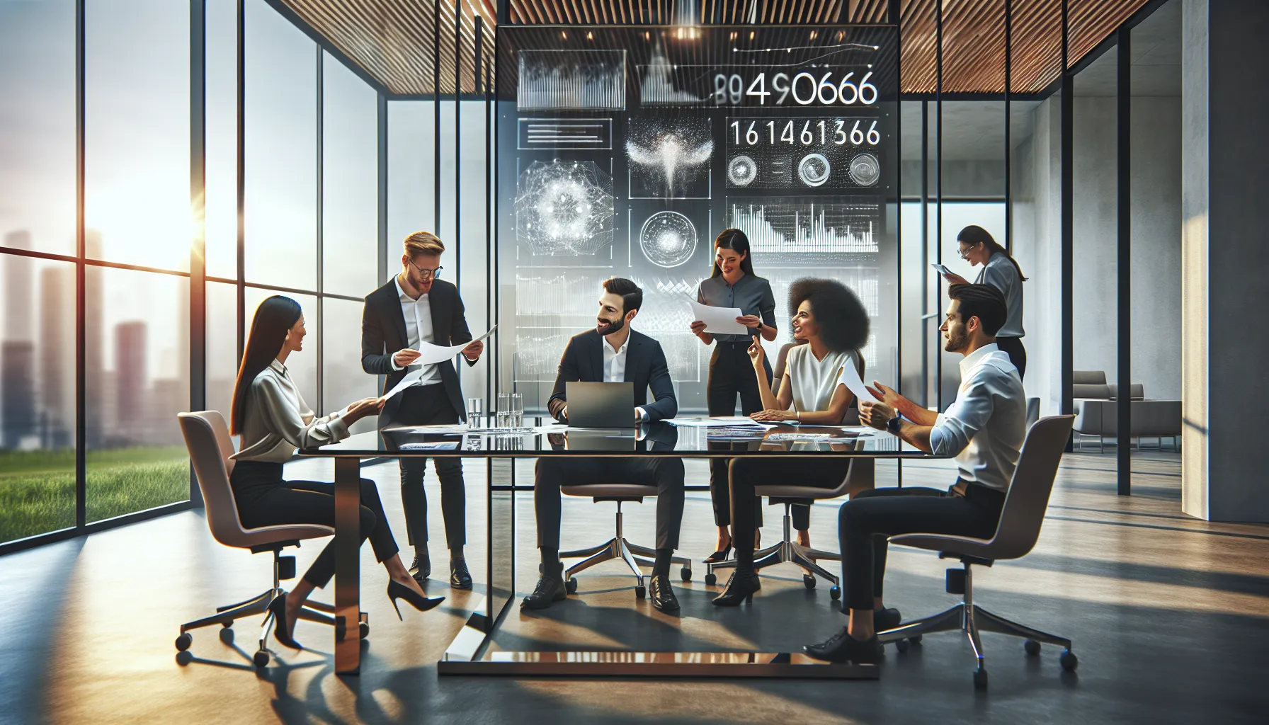 team discussing in a modern office with focus on number 6104103666.