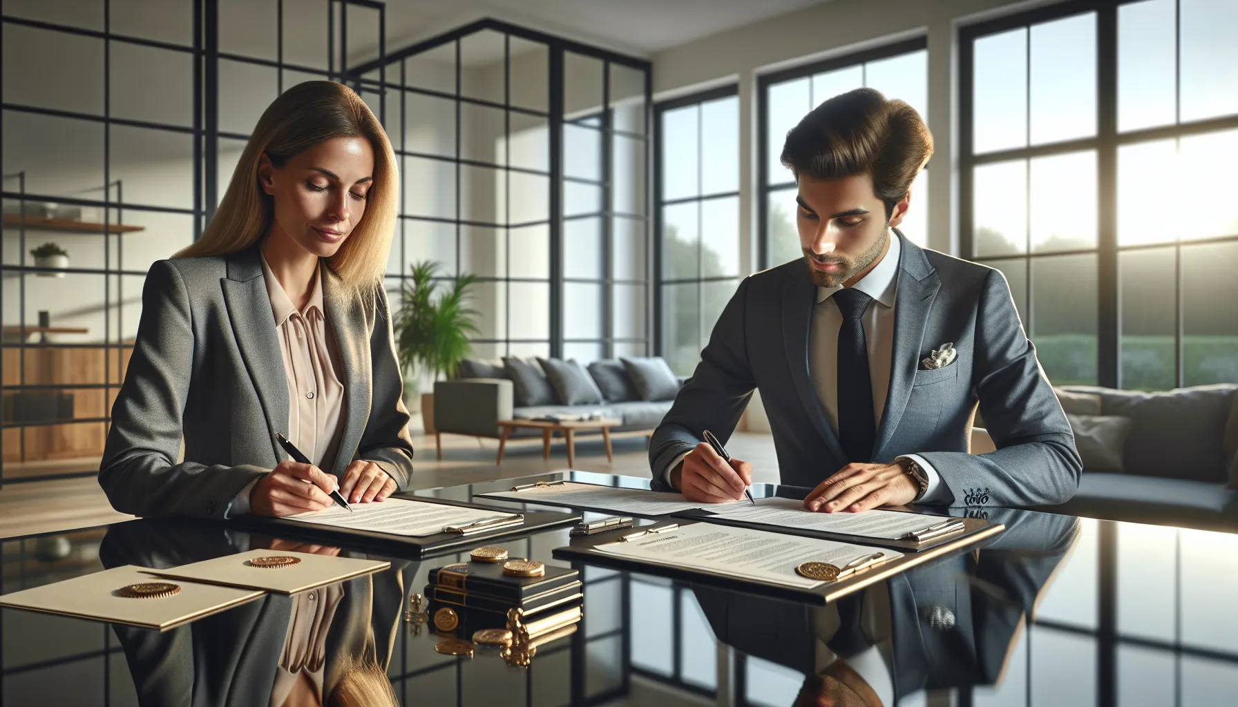 Two professionals signing rental agreement documents in modern Croatian office setting