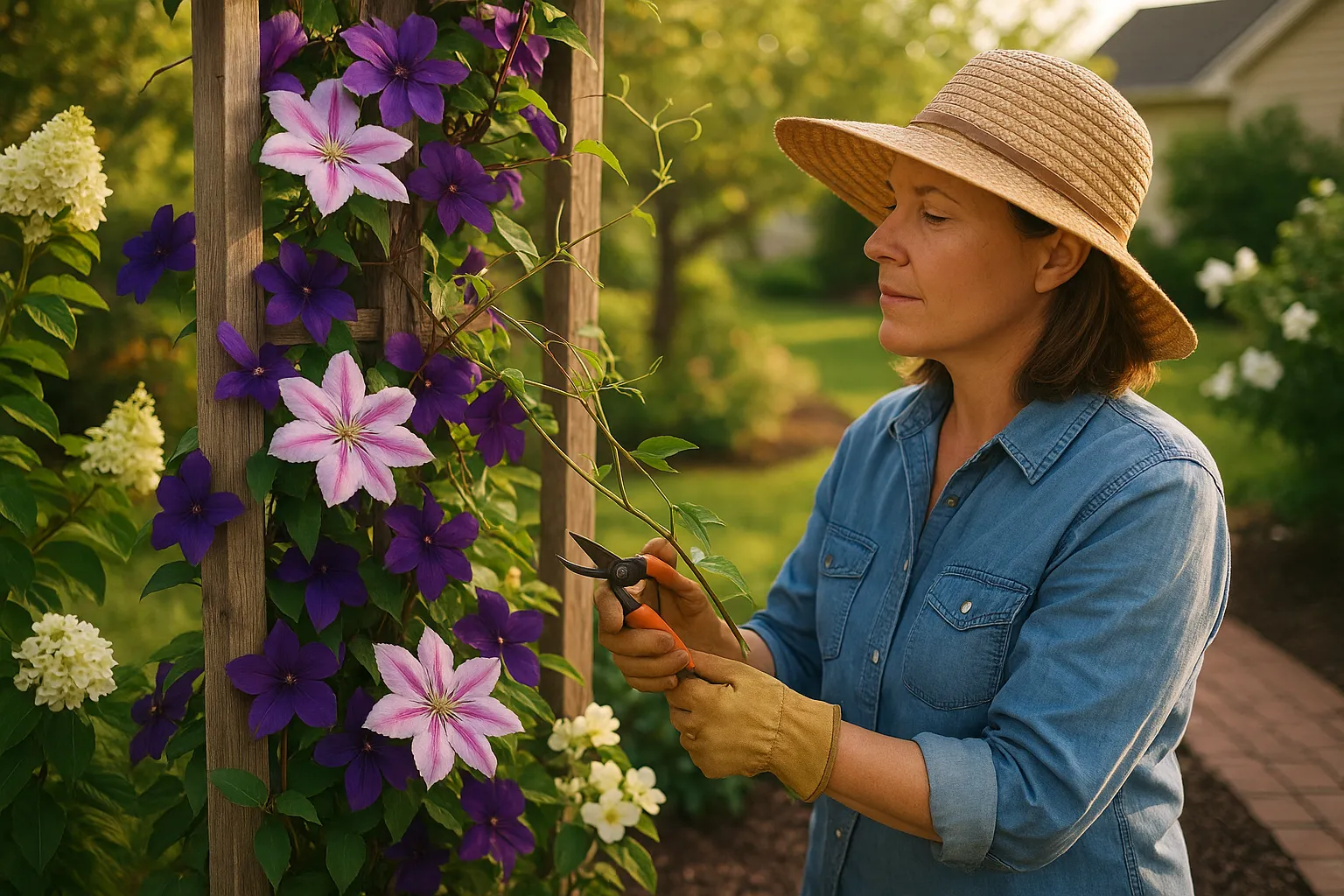 Gardener pruning a clematis on a trellis with hydrangea and mock orange nearby.