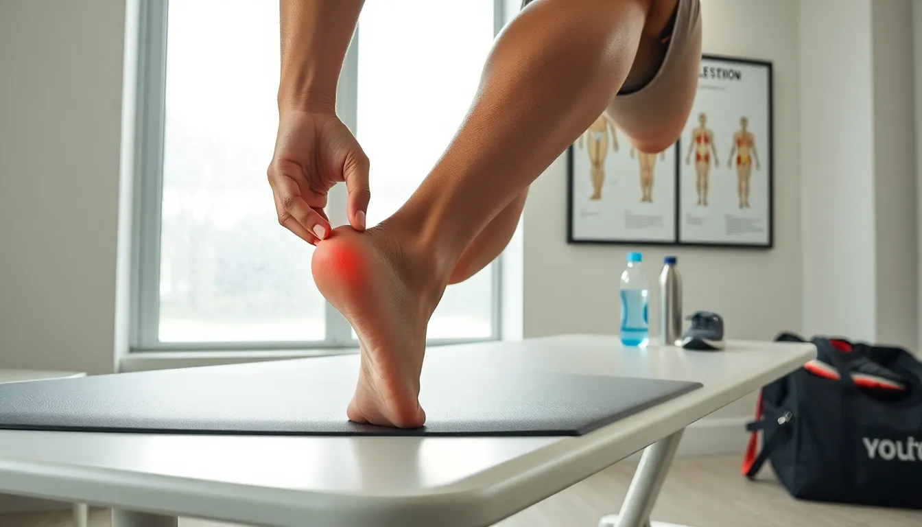Person in clinic holding ankle, highlighting Achilles tendon pain.