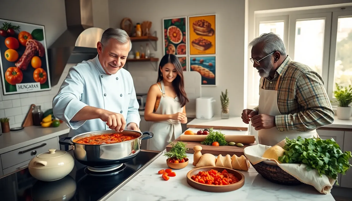 diverse group cooking Hungarian cuisine in a modern kitchen.