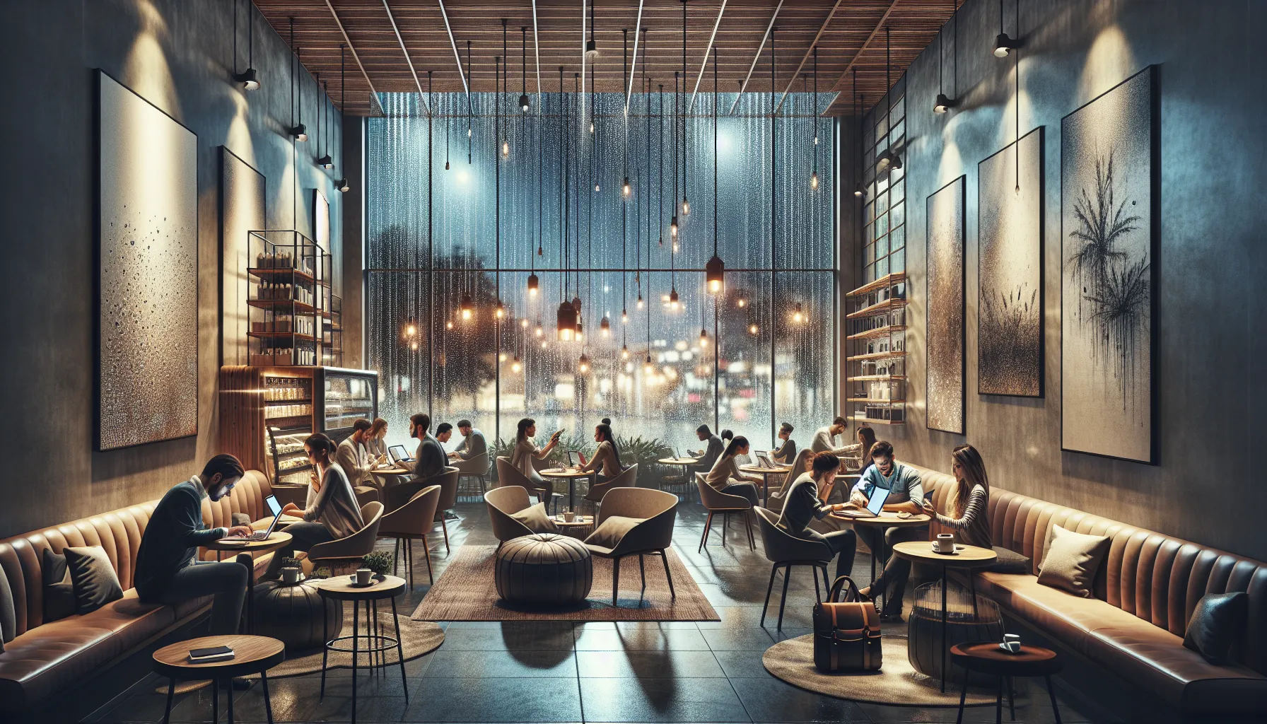 cozy cafe with people working and a rainy ambiance.